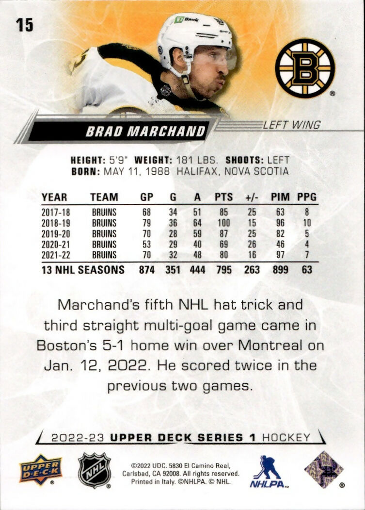 2022-23 Upper Deck Series 1 Hockey - Base #15 Brad Marchand - Boston Bruins - B