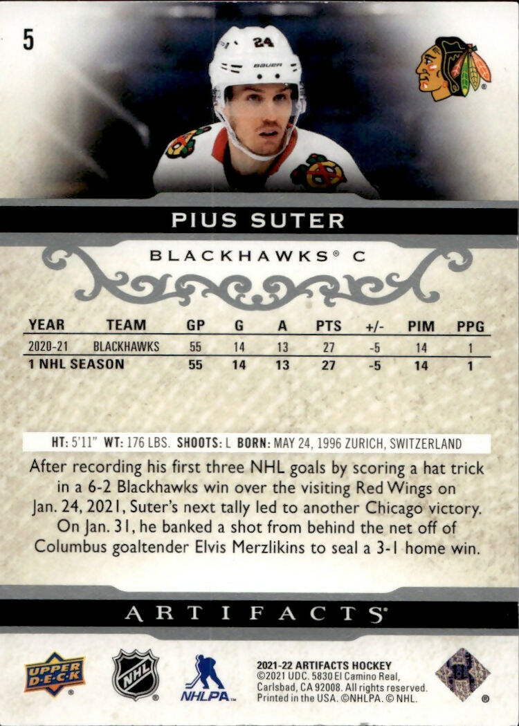 2021-22 Upper Deck Artifacts Hockey - Base #5 Pius Suter - Chicago Blackhawks - B