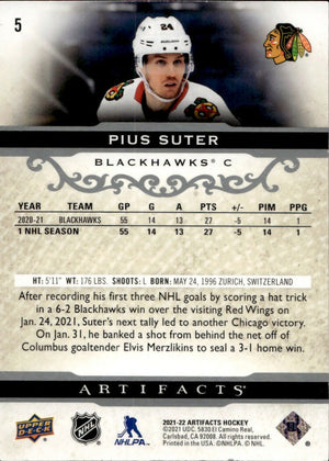 2021-22 Upper Deck Artifacts Hockey - Base #5 Pius Suter - Chicago Blackhawks - B