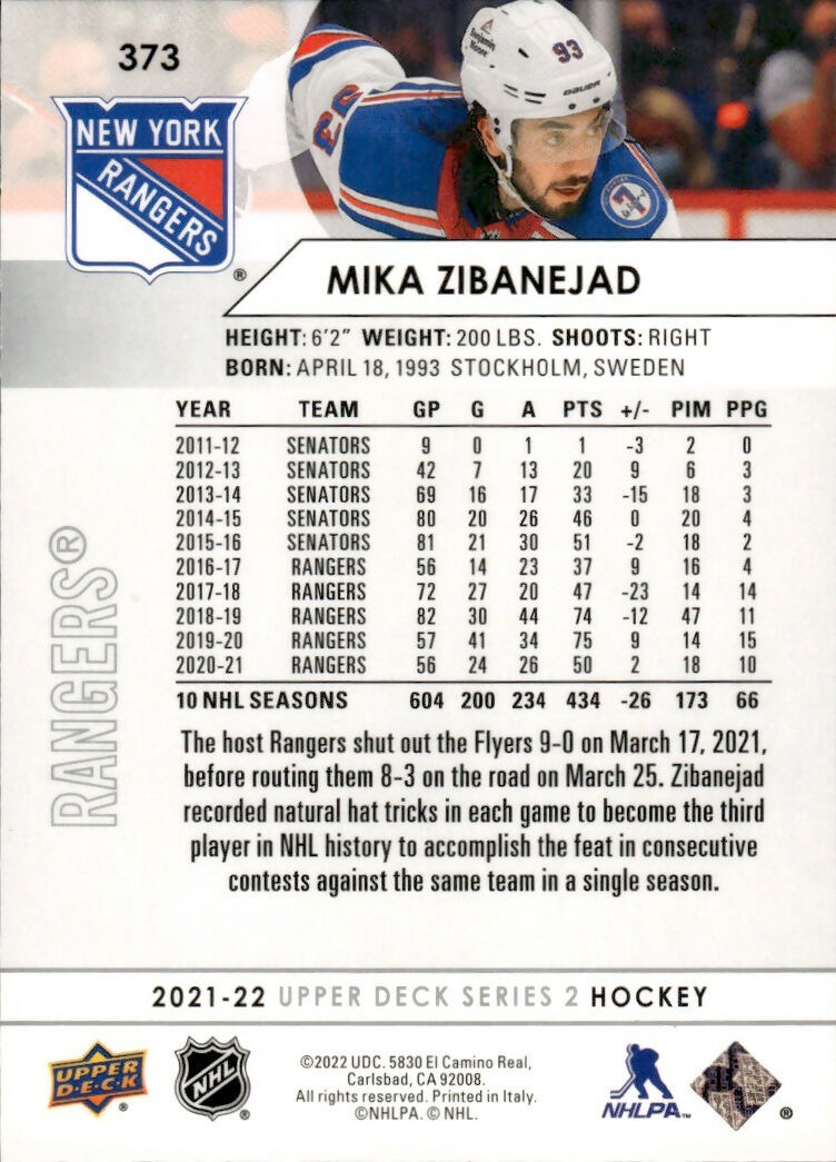 2021-22 Upper Deck Series 2 Hockey - Base #373 Mika Zibanejad - New York Rangers - B