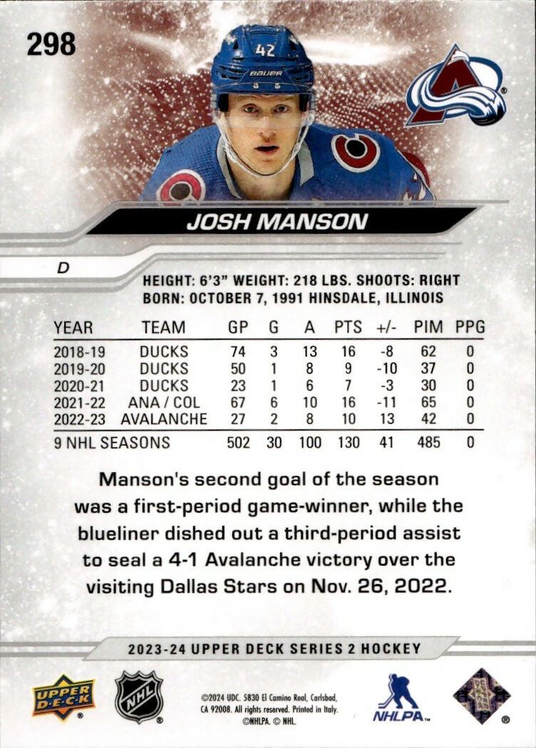 2023-24 Upper Deck Series 2 Hockey - Base #298 Josh Manson - Colorado Avalanche - B