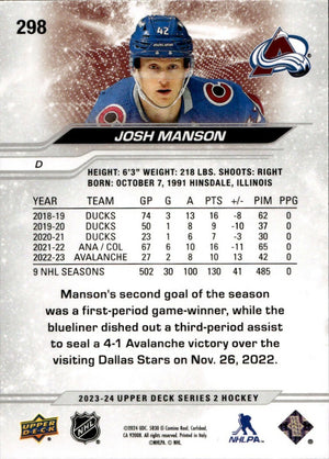 2023-24 Upper Deck Series 2 Hockey - Base #298 Josh Manson - Colorado Avalanche - B