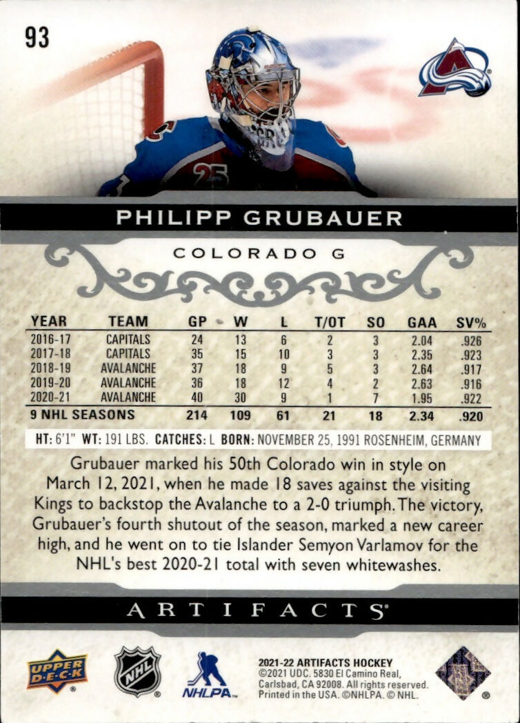 2021-22 Upper Deck Artifacts Hockey - Base #93 Philipp Grubauer - Colorado Avalanche - B