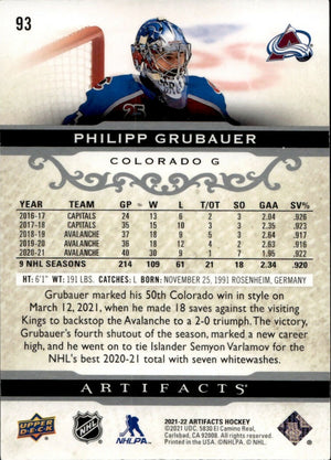 2021-22 Upper Deck Artifacts Hockey - Base #93 Philipp Grubauer - Colorado Avalanche - B