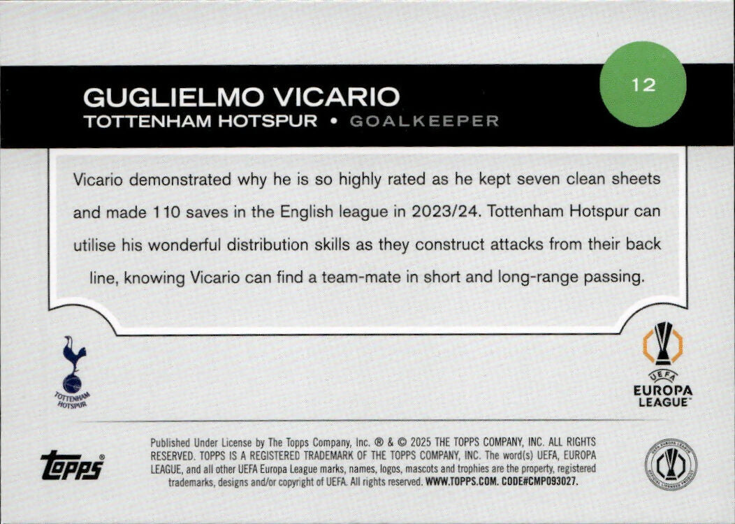 2024-25 Topps UEFA Club Competitions - Base #12 Guglielmo - Vicario - Tottenham Hotspur - B