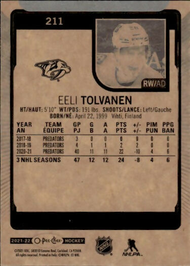 2021-22 Upper Deck O-Pee-Chee Hockey - Base #211 Eeli Tolvanen - Nashville Predators