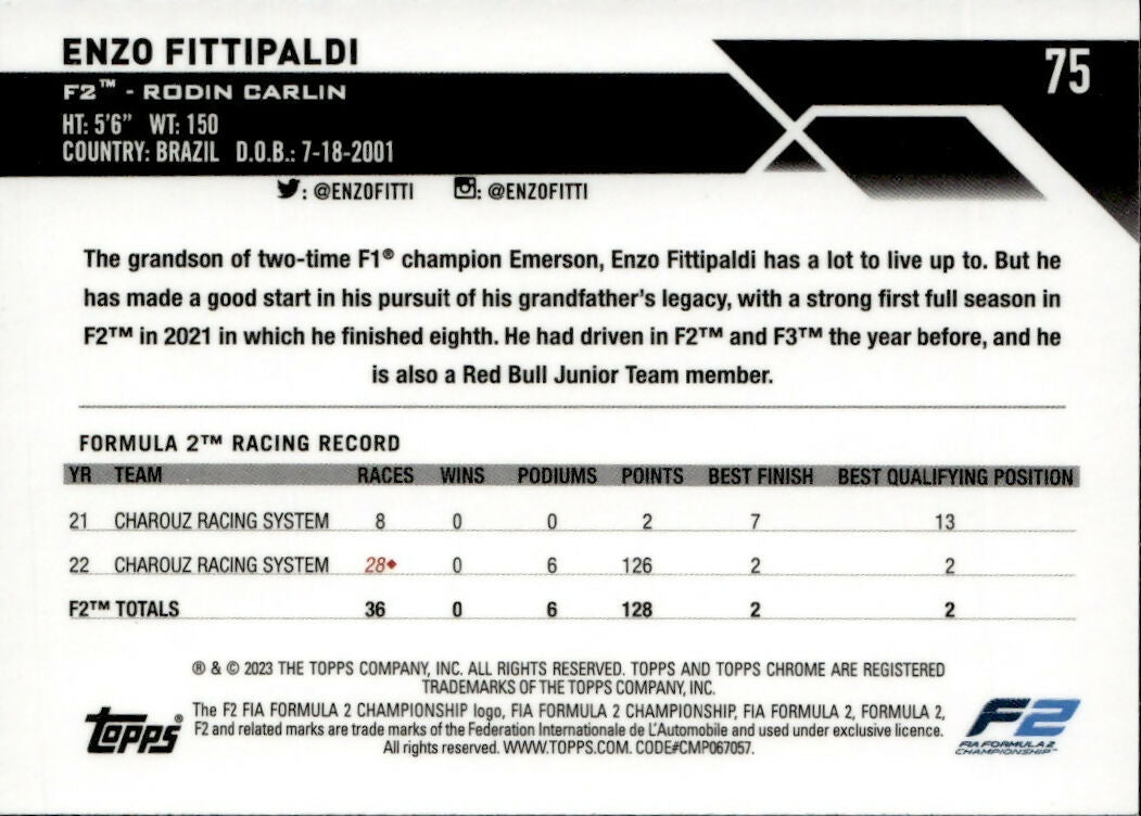 2023 Topps Chrome Formula 1 Base #75 - F2 Drivers Enzo Fittipaldi - F2 Rodin Carlin - B