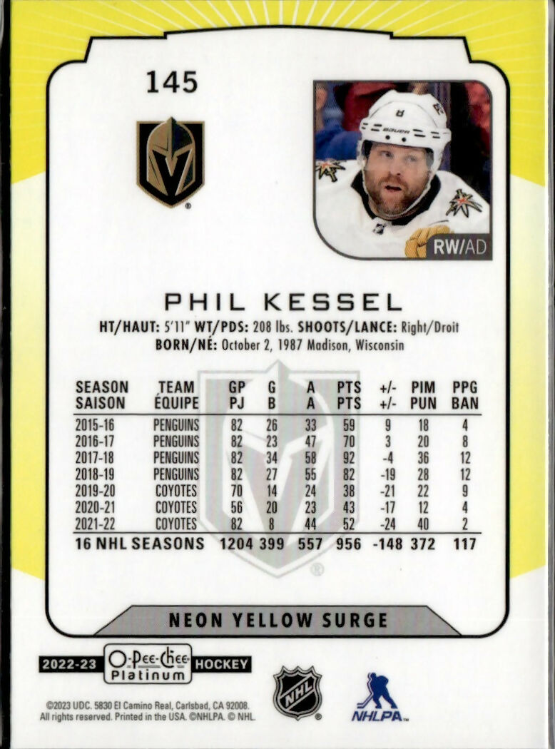 2022-23 Upper Deck O-Pee-Chee Platinum Hockey - Base - Neon Yellow Surge #145 Phil Kessel - Vegas Golden Knights - B