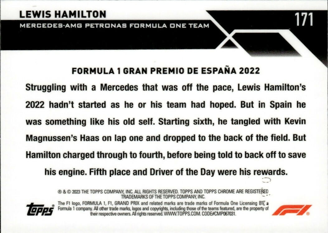 2023 Topps Chrome Formula 1 Base #171 - Grand Prix Driver Of The Day - Refractor Green :99 Lewis Hamilton - Mercedes-AMG Petronas Formula One Team - B