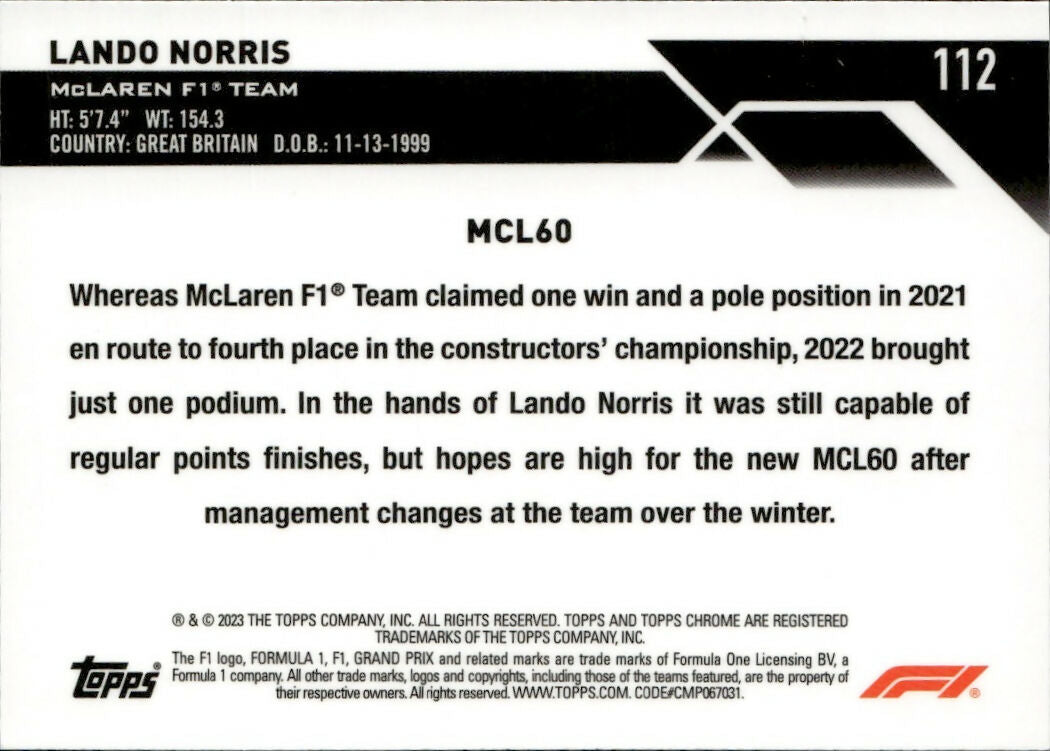 2023 Topps Chrome Formula 1 Base #112 - F1 Cars Lando Norris - McLaren F1 Team - B