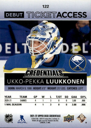 2021-22 Upper Deck Credentials - Base - Debut Ticket Access - Blue :99 #122 Ukko-Pekka Luukkonen - Buffalo Sabres - B