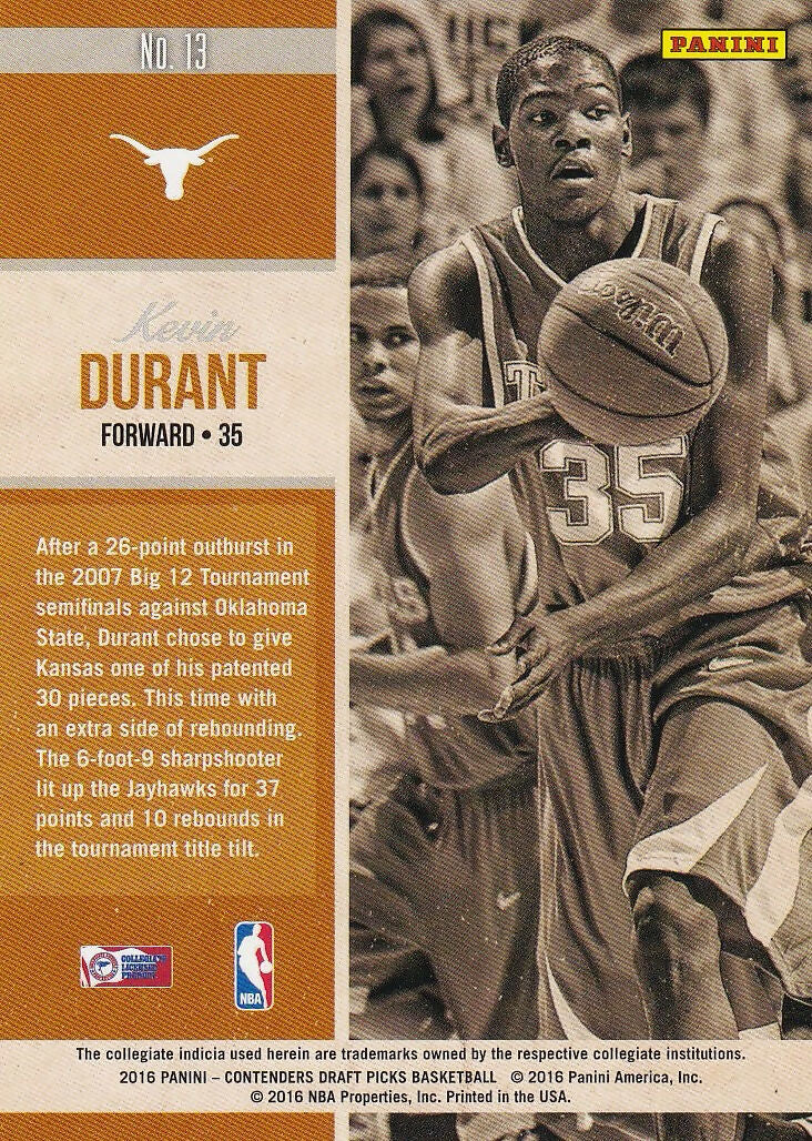 2016 Panini Contenders Draft Picks Old School Colors #13 Kevin Durant Texas Longhorns