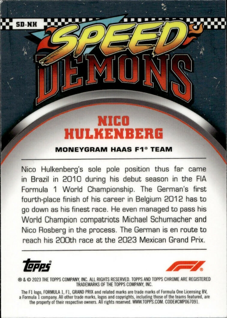 2023 Topps Chrome Formula 1 Speed Demons #SD-NH Nico Hulkenberg - Moneygram Haas F1 Team - B