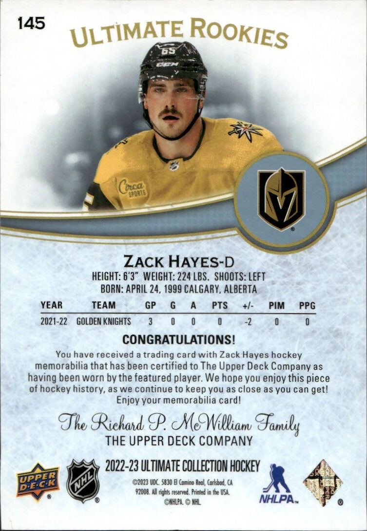 2022-23 Upper Deck Ultimate Collection Hockey - Base - Jersey - Rookies :799 #145 Zack Hayes - Vegas Golden Knights - B
