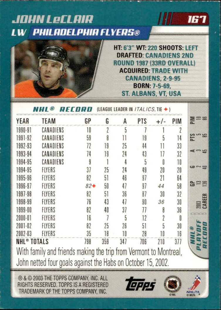 2003-04 O-Pee-Chee - Base - Red :100 #167 John LeClair - Philadelphia Flyers - B