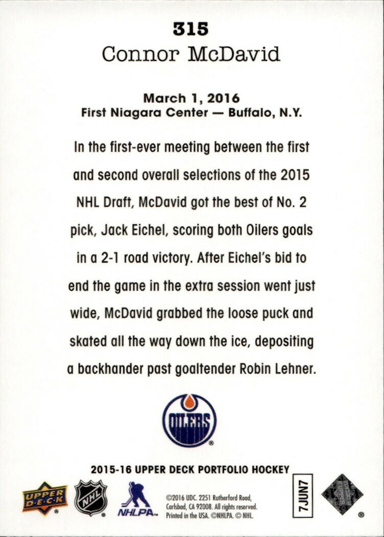 2015-16 Upper Deck Portfolio Hockey - Base - Rookie Wire Photos #315 Connor McDavid - Edmonton Oilers - B