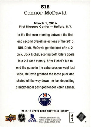 2015-16 Upper Deck Portfolio Hockey - Base - Rookie Wire Photos #315 Connor McDavid - Edmonton Oilers - B