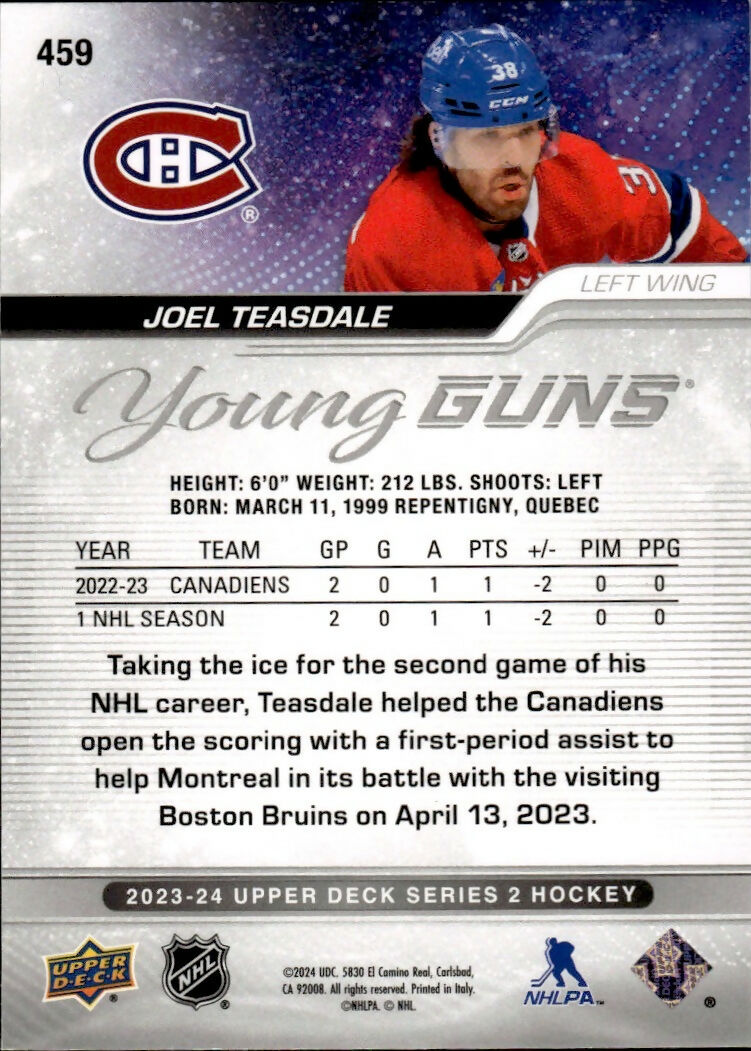 2023-24 Upper Deck Series 2 Hockey - Base - Young Guns #459 Joel Teasdale - Montreal Canadiens