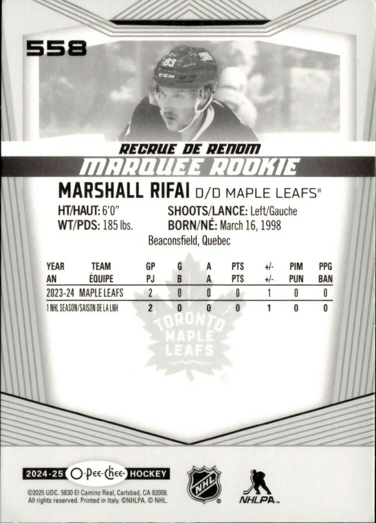 2024-25 Upper Deck O-Pee-Chee - Base - Marquee Rookie #558 Marshall Rifai - Toronto Maple Leafs - B