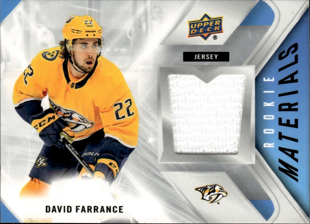 2021-22 Upper Deck Series 2 Hockey - Rookie Materials #RM-DF David Farrance - Nashville Predators - A