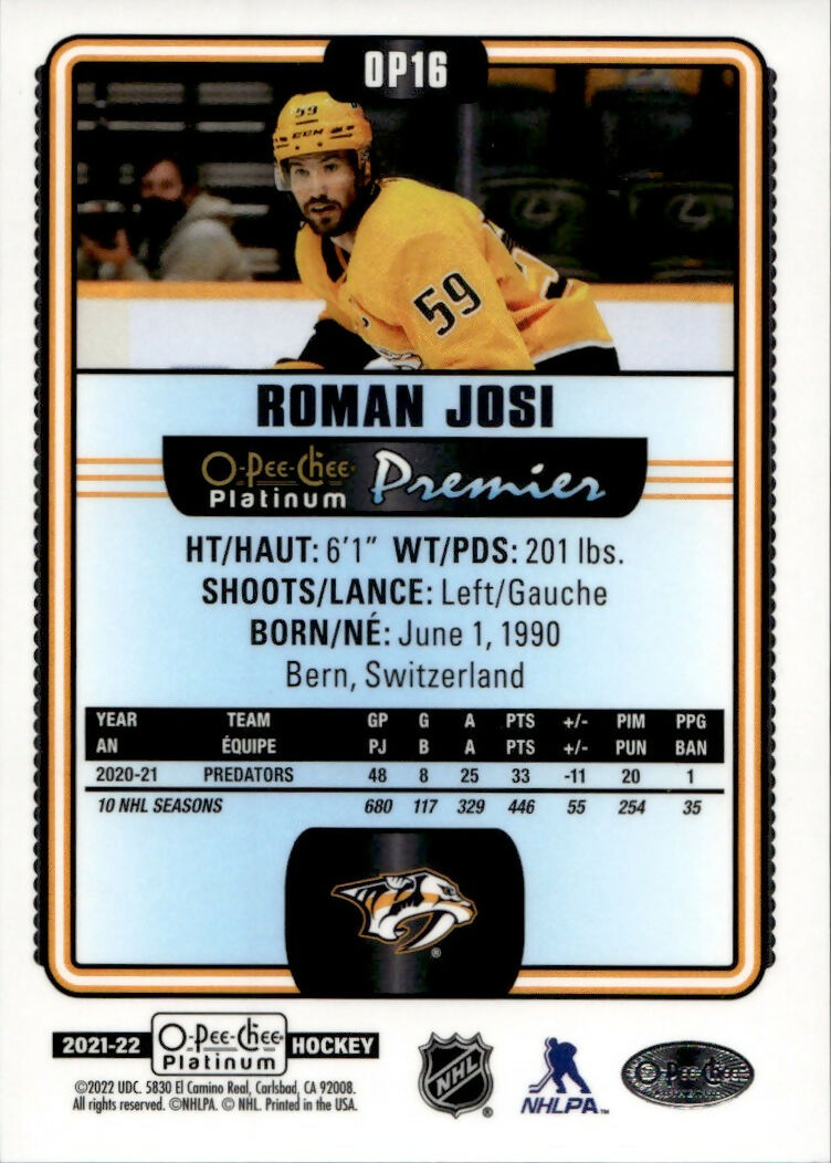 2021-22 Upper Deck O-Pee-Chee Platinum Hockey - Premiers #OP16 Roman Josi - Nashville Predators - B
