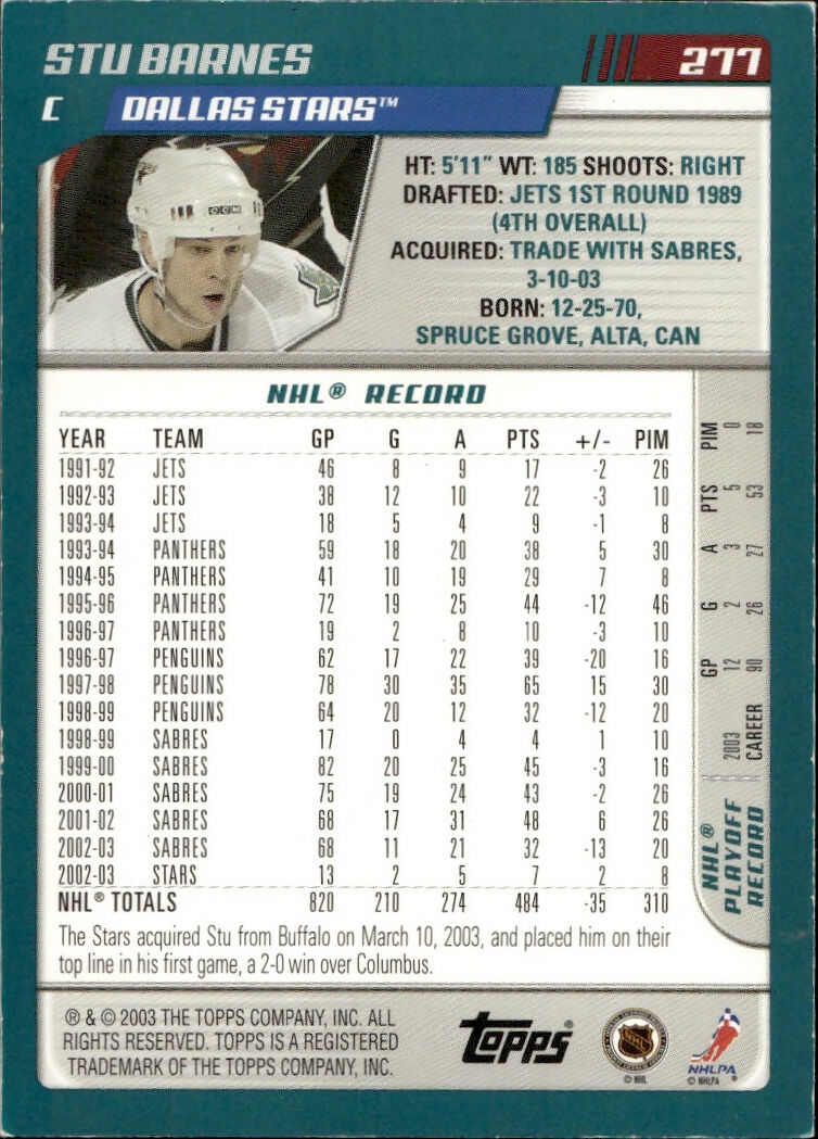 2003-04 O-Pee-Chee - Base - Blue :500 #277 Stu Barnes - Dallas Stars - B