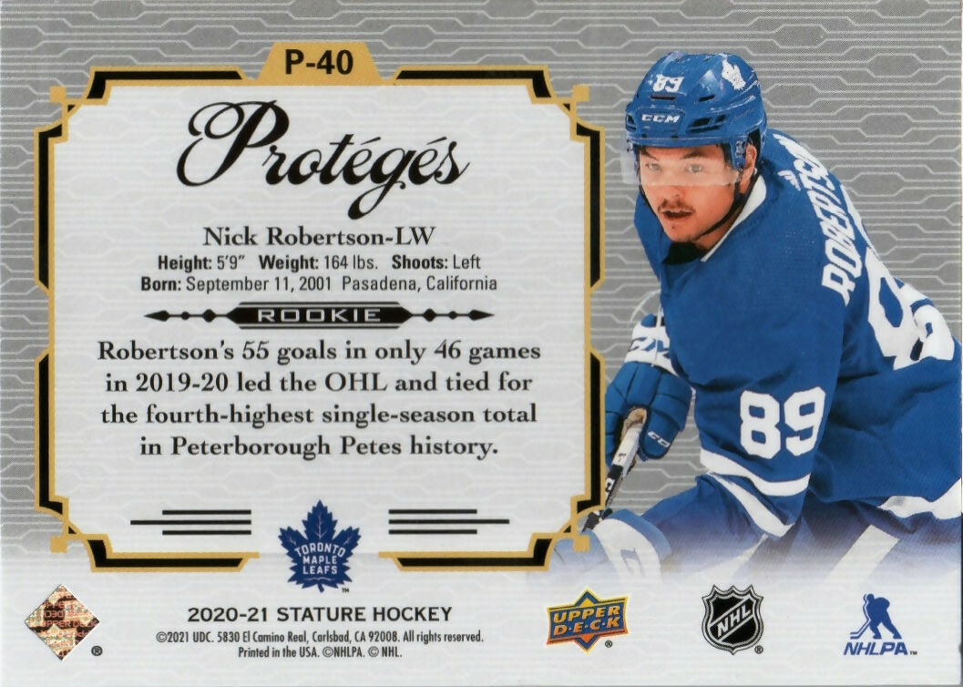 2020-21 Upper Deck Stature - Proteges - Green - 149 #P-40 Nick Robertson - Toronto Maple Leafs - B