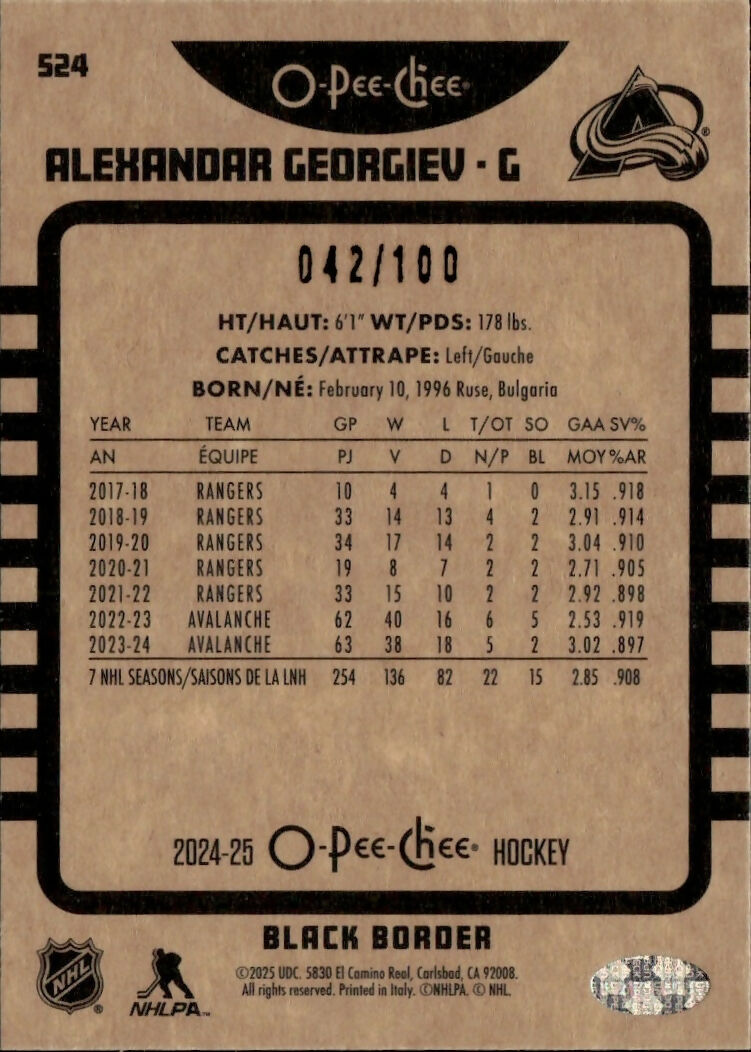 2024-25 Upper Deck O-Pee-Chee - Base - Retro - Black :100 #573 Alexandar Georgiev - Colorado Avalanche - B