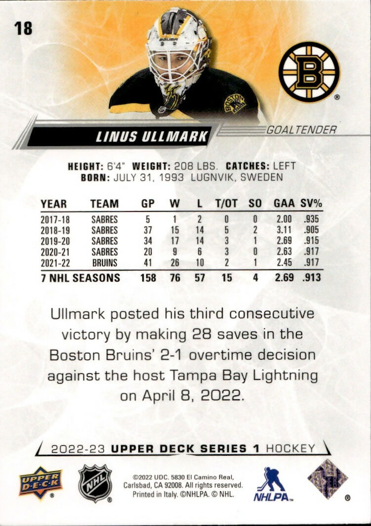2022-23 Upper Deck Series 1 Hockey - Base #18 Linus Ullmark - Boston Bruins - B