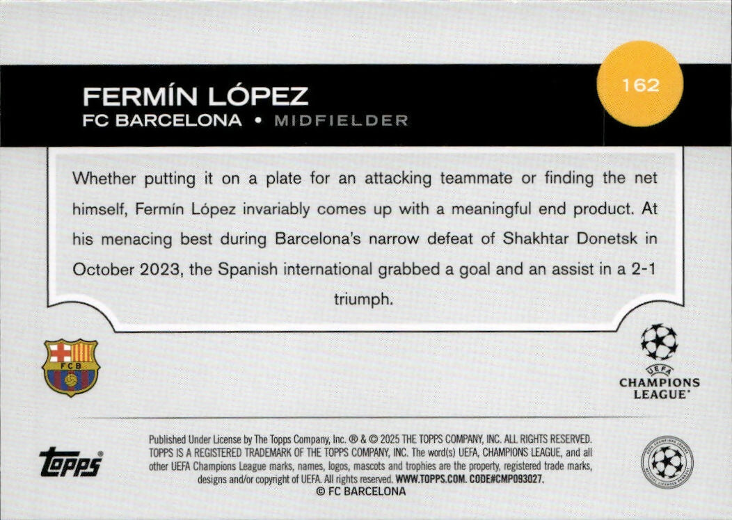 2024-25 Topps UEFA Club Competitions - Base #162 Fermin Lopez - FC Barcelona - B