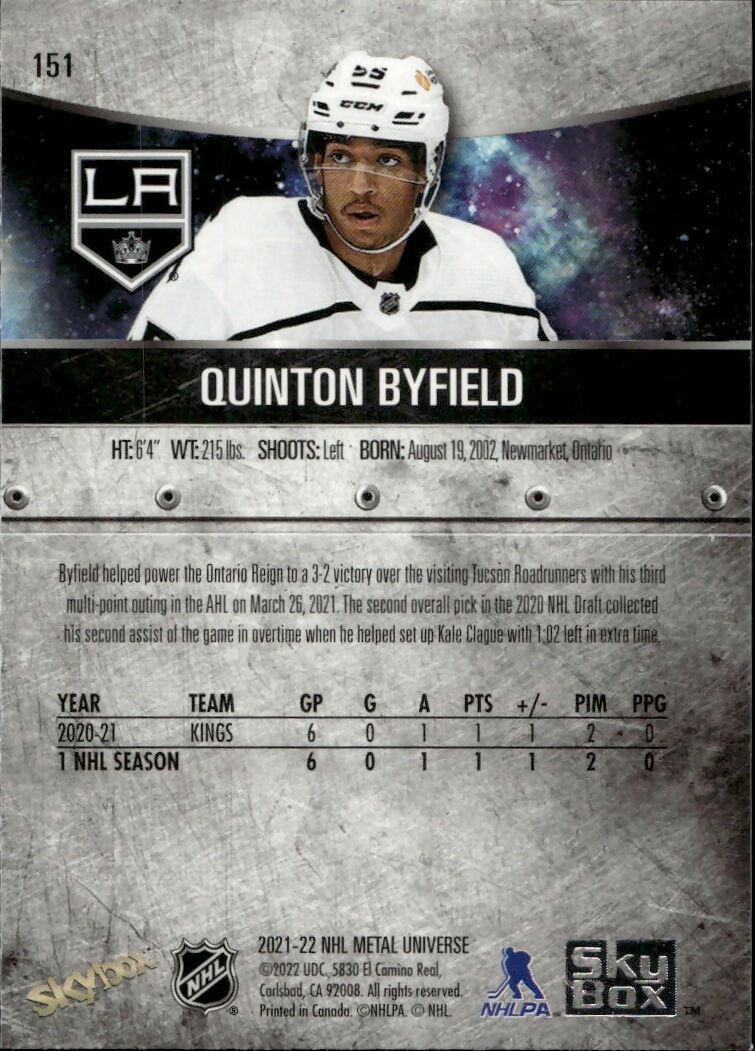 2021-22 Upper Deck Skybox Metal Universe Hockey - Base #151 Quinton Byfield - Los Angeles Kings - B