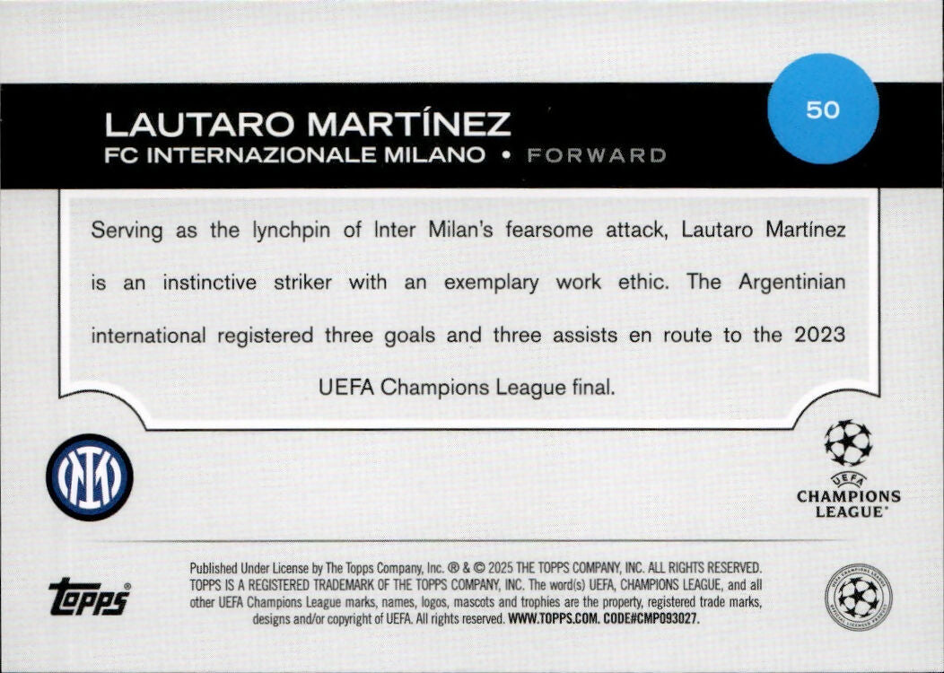 2024-25 Topps UEFA Club Competitions - Base #50 Lautaro Martinez - FC Internazionale Milano - B