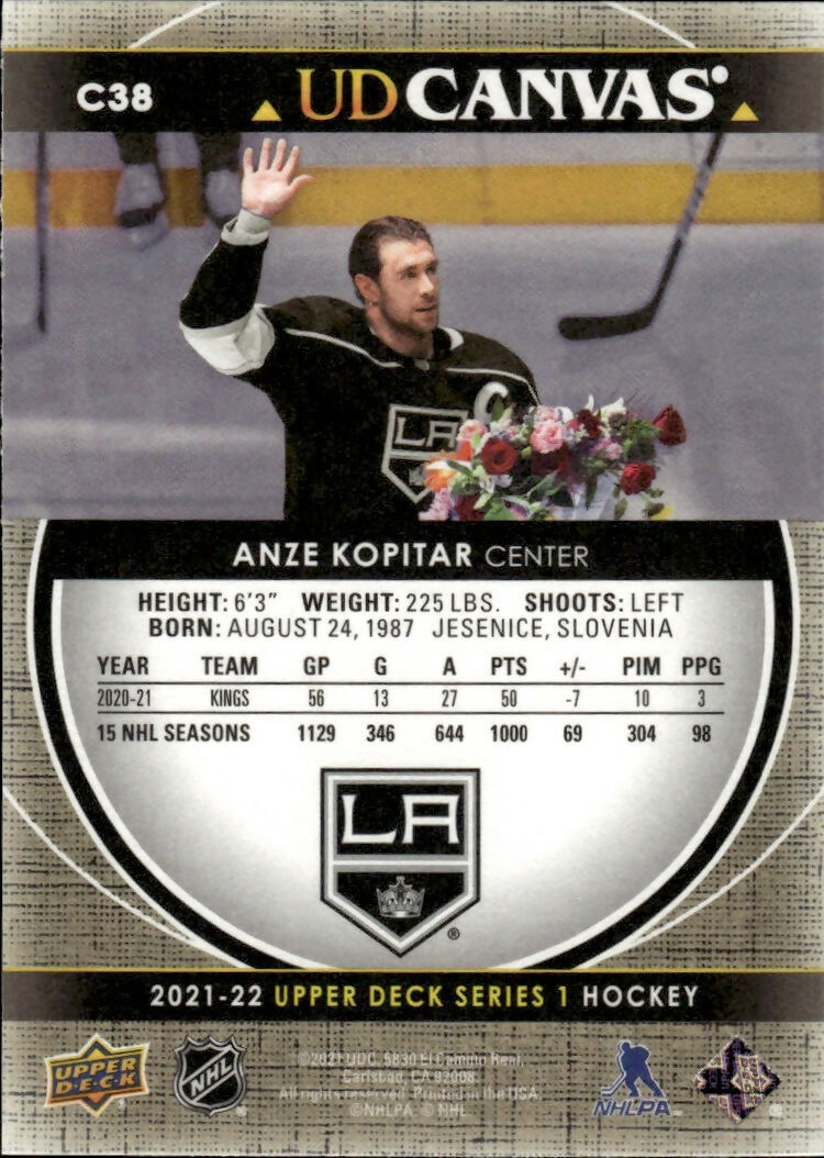 2021-22 Upper Deck Series 1 - UD Canvas #C38 Anze Kopitar - Los Angeles Kings - B