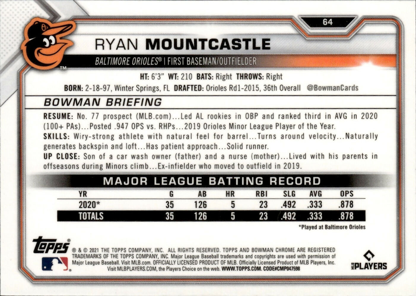 2021 Bowman Chrome Baseball - [Base] #64 Ryan Mountcastle - Baltimore Orioles - B