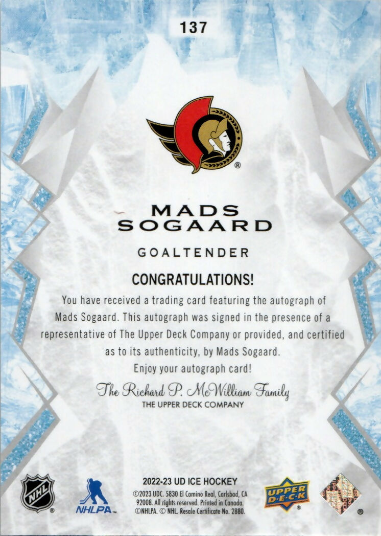 2020-21 Upper Deck Ice Hockey - White Snowflake Autographs #137 Mads Sogaard - Ottawa Senators - B