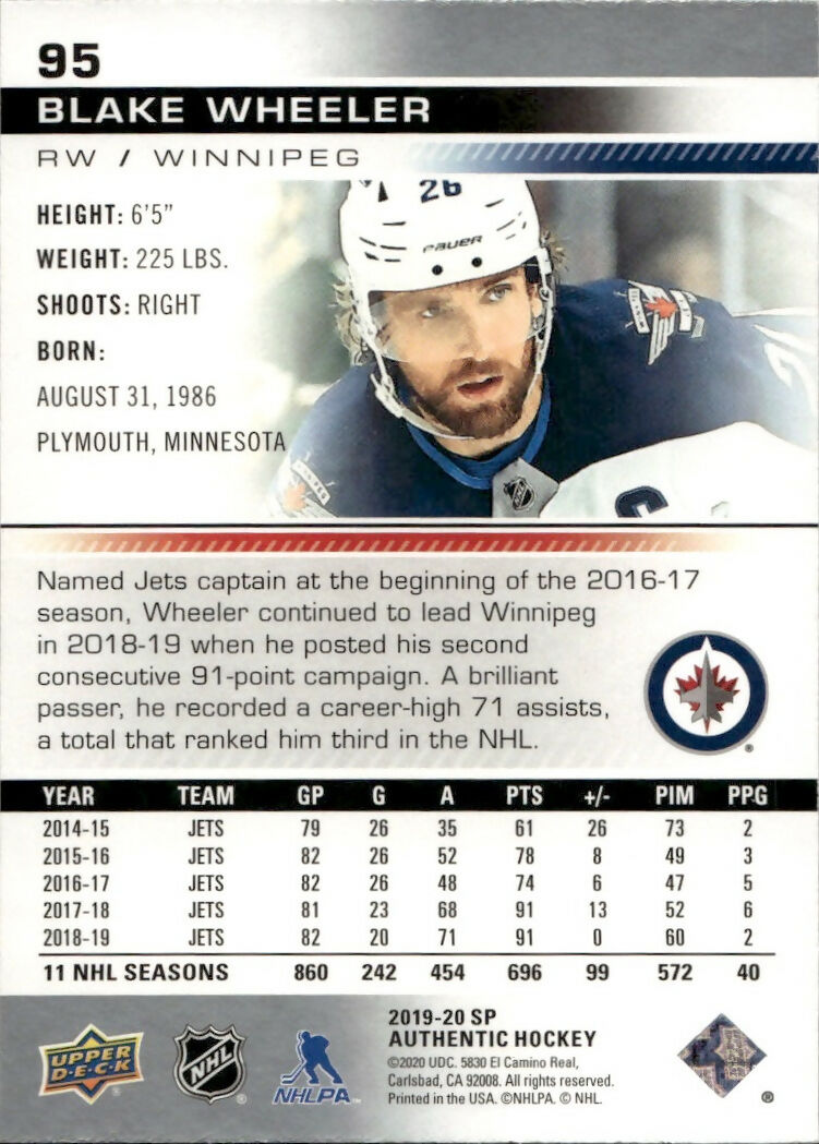 2019-20 Upper Deck Sp Authentic Hockey - Base #95 Blake Wheeler - Winnipeg Jets