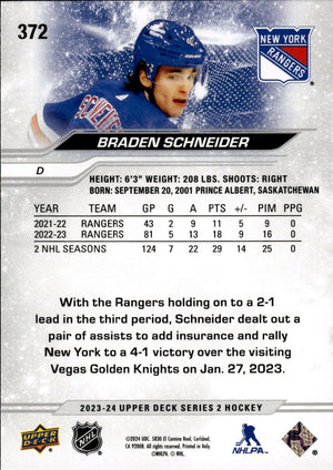 2023-24 Upper Deck Series 2 Hockey - Base #372 Braden Schneider - New York Rangers