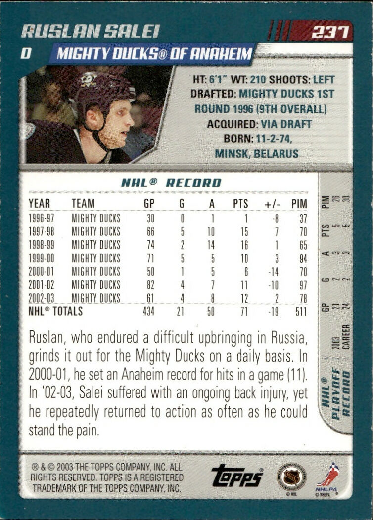 2003-04 O-Pee-Chee - Base - Blue :500 #237 Ruslan Salei - Mighty Ducks of Anaheim - B