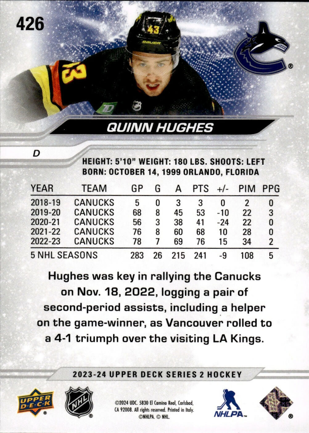 2023-24 Upper Deck Series 2 Hockey - Base #426 Quinn Hughes - Vancouver Canucks