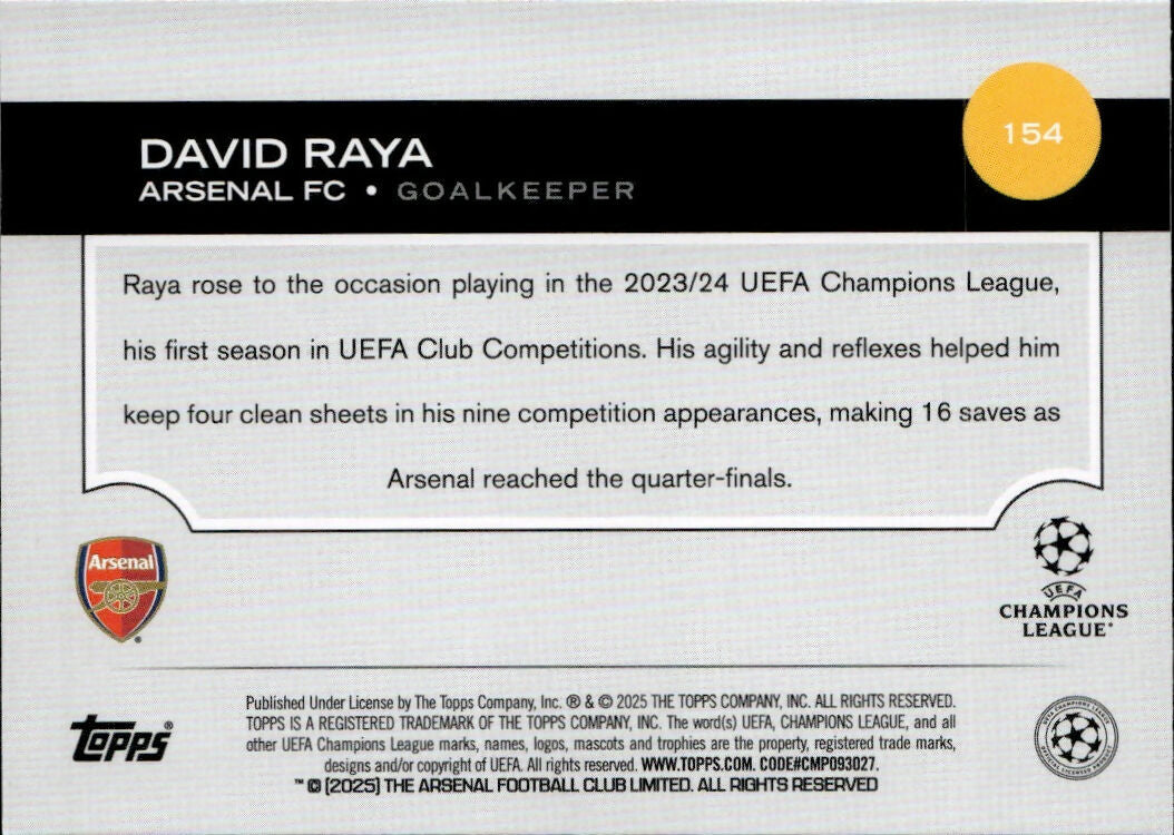 2024-25 Topps UEFA Club Competitions - Base #154 David Raya - Arsenal FC - B