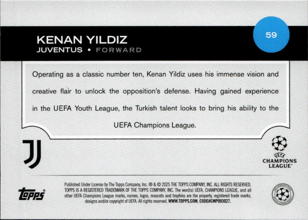 2024-25 Topps UEFA Club Competitions - Base #59 Kenan Yildiz - Juventus - B