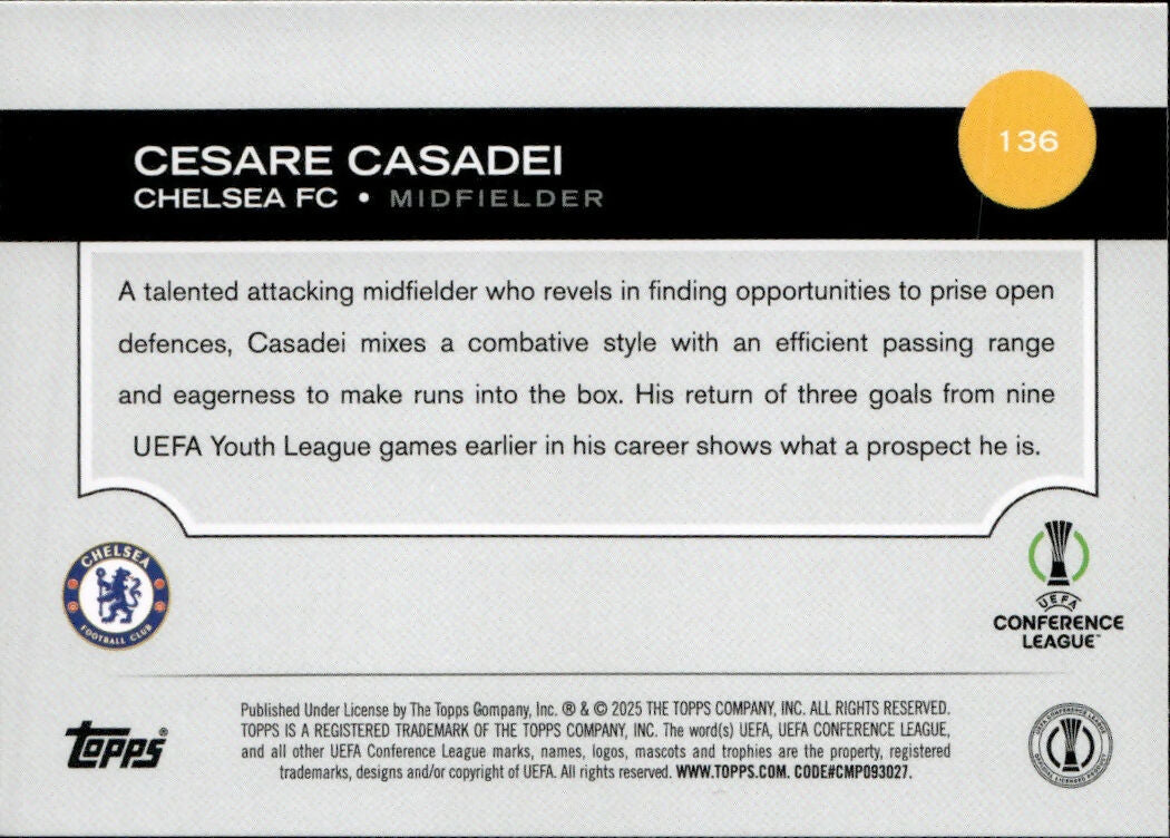 2024-25 Topps UEFA Club Competitions - Base #136 Cesare Casadei - Chelsea FC - B