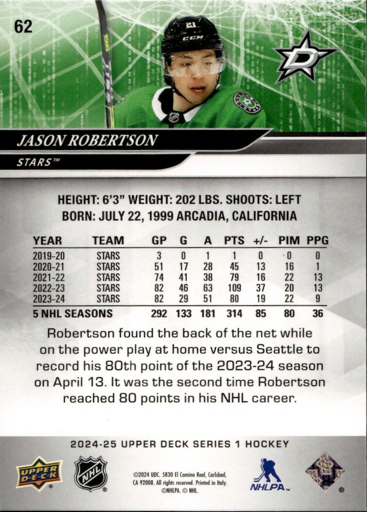 2024-25 Upper Deck Series 1 Hockey - Base #62 Jason Robertson - Dallas Stars