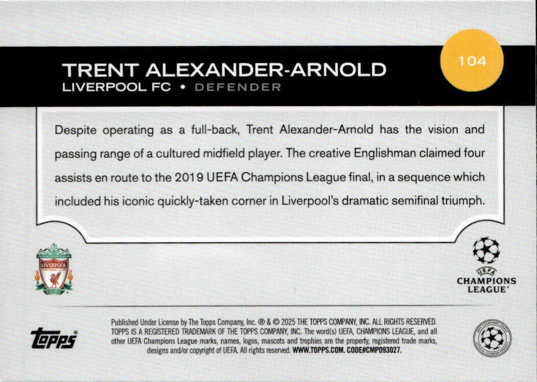 2024-25 Topps UEFA Club Competitions - Base #104 Trent Alexander-Arnold - Liverpool FC - B