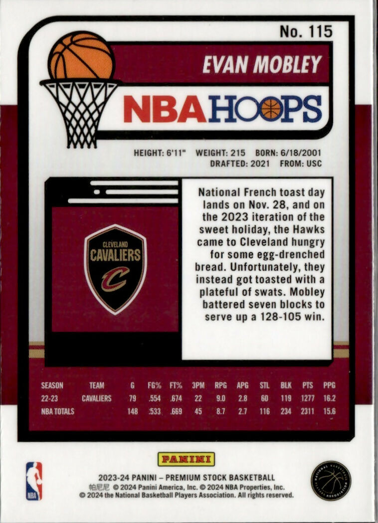 2023-24 Panini NBA Hoops Premium Stock - Base #115 Evan Mobley - Cleveland Cavaliers - B