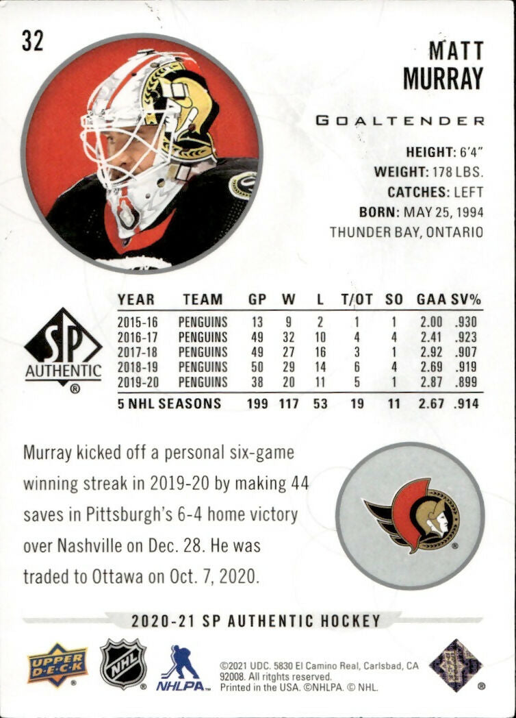 2020-21 Upper Deck Sp Authentic Hockey - Base #32 Matt Murray - Ottawa Senators - B