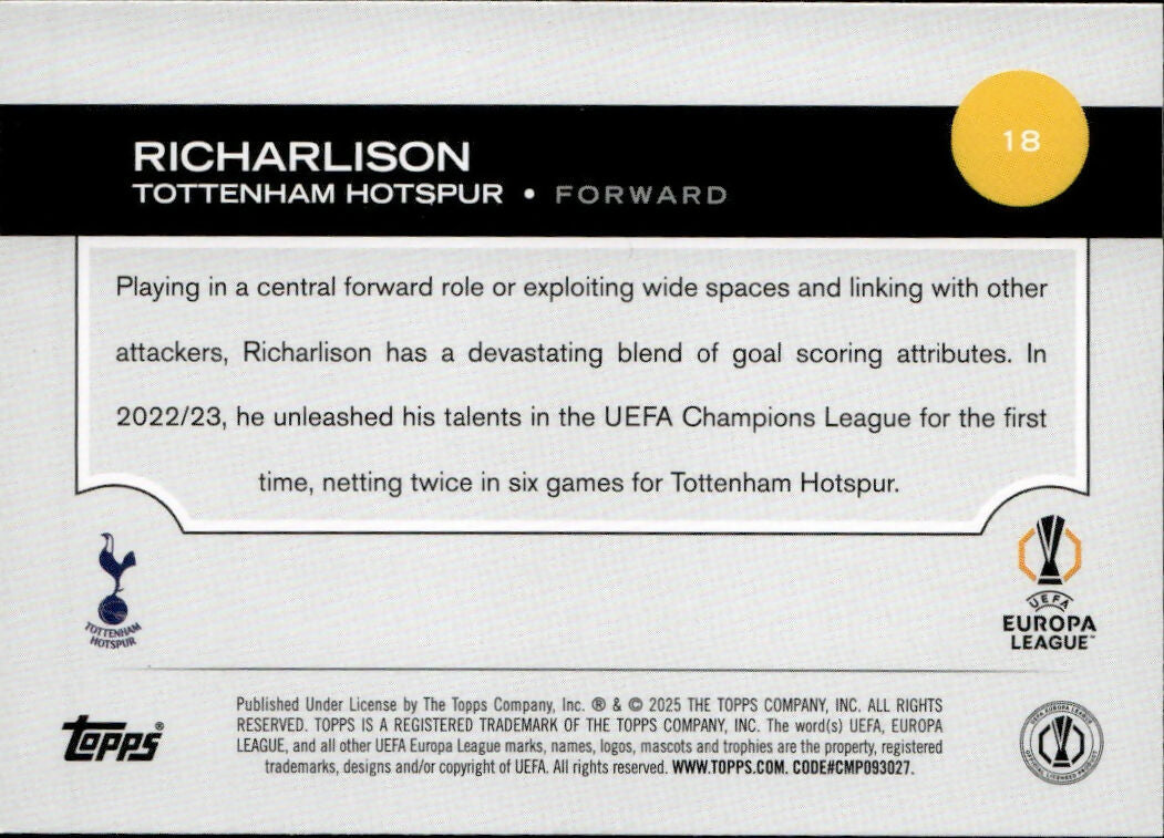 2024-25 Topps UEFA Club Competitions - Base #18 Richarlison - Tottenham Hotspur - B