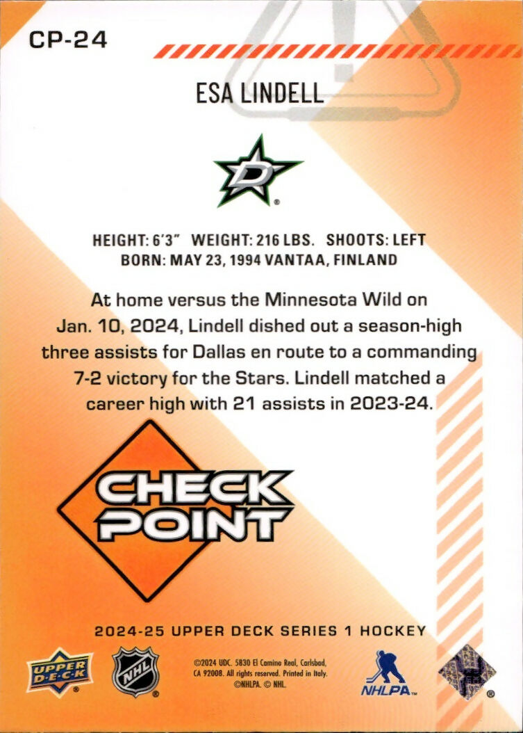 2024-25 Upper Deck Series 1 Hockey - Check Point #CP-24 Esa Lindell - Dallas Stars - B