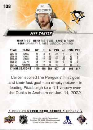 2022-23 Upper Deck Series 1 Hockey - Base #138 Jeff Carter - Pittsburgh Penguins - B