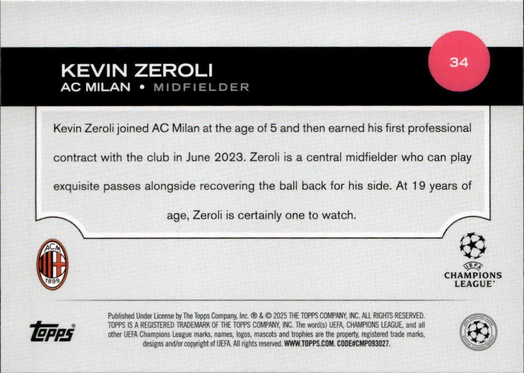 2024-25 Topps UEFA Club Competitions - Base #34 Kevin Zeroli - AC Milan - B